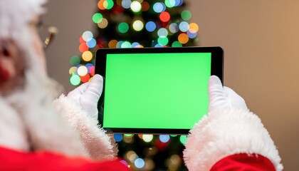 Christmas Santa Holding Digital Tablet with Green Screen Display in Festive Background. Ai Generated Images