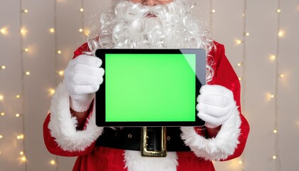 Studio Santa Claus Holding Tablet with Green Screen For Christmas Promotion. Ai Generated Images