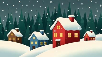 Charming winter village scene with snowcovered houses nestled in a snowy landscape under a dark, snowy sky, featuring evergreen trees in the background, capturing a cozy holiday atmosphere