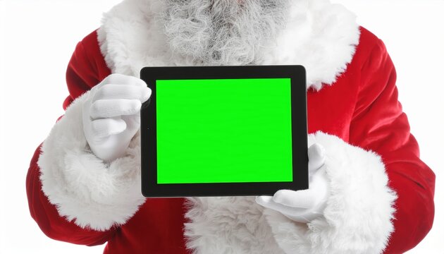 Cheerful Santa Claus Holding Tablet Device with Green Screen for Christmas. Ai Generated Images - Powered by Adobe