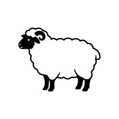 Obraz premium A minimal black and white vector of a sheep in profile with a fluffy outline and small horns. Ideal for wool or farm themes.