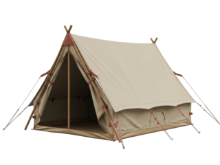 Isolated Canvas Tent with Brown Wooden Frame for Outdoor Camping on Vacation Days Away