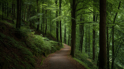 Obraz premium Walking path through a green forest with tall trees and soft sunlight shining down on a quiet day