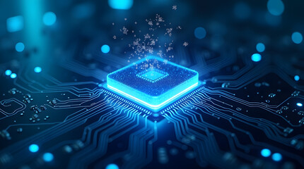 A macro closeup of a green electronic computer circuit board (PCB) with a processor chip shows complex digital electronics hardware and components for data communication
