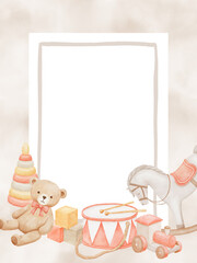 Watercolor frame template with rocking horse and vintage toys on pastel neutral colors. Border for baby shower or birthday cards. Hand drawn illustration for newborn invitations.