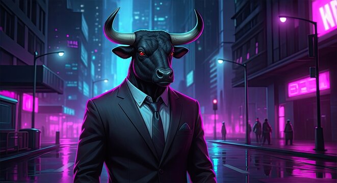 Bullish Outlook: A powerful bull, embodying strength and financial prowess, stands confidently amidst a futuristic city, symbolizing market trends. - Powered by Adobe