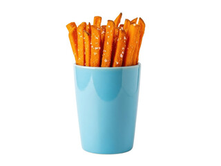 Isolated serving of sweet potato fries in a blue cup, perfect snack food presentation