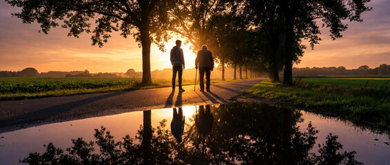 Two people walking on a road during sunset near a forest