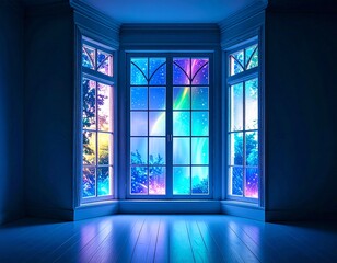 幻想的なオーロラが見える窓辺