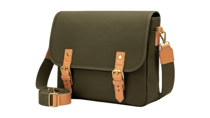 Isolated messenger bag with shoulder strap in olive green and tan hardware, studio shot
