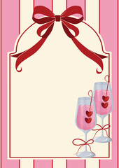 poster without text with stripes behind, rectangular frame for text, red bow and rose wine in glasses, Valentine's Day design