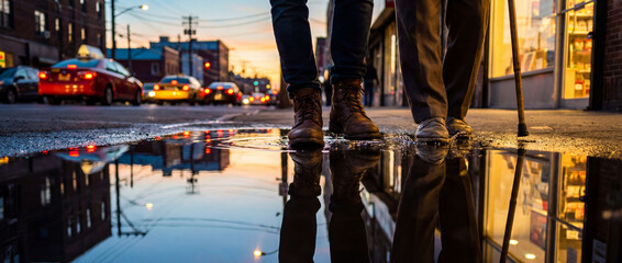 Walking on a city street near a puddle at dusk with reflections