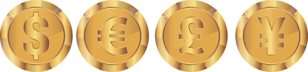 set of coins with symbols denoting different world currencies with a gold gradient, for slots in gambling games, banks or thematic designs