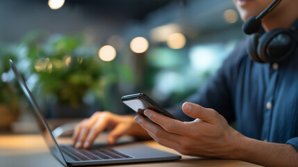 Faceless businessman hands on laptop and smartphone service technical support interface client help center call center technology customer relationship management defocused