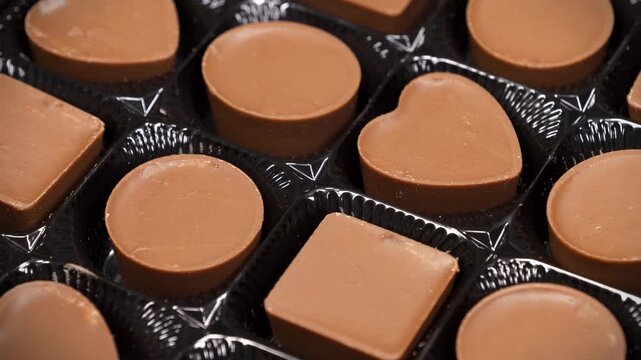 Valentines Day Gift. Candies are round, square and heart-shaped. Chocolate candies in a packaging. Delicious chocolate candy with of different forms, including heart-shaped ones
