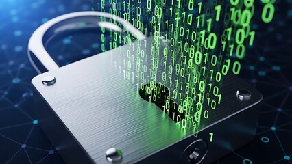 Digital padlock with flowing binary code representing cybersecurity and data protection concepts