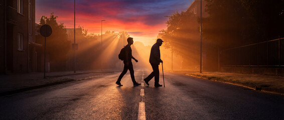 Two people walk on the street at sunset near buildings