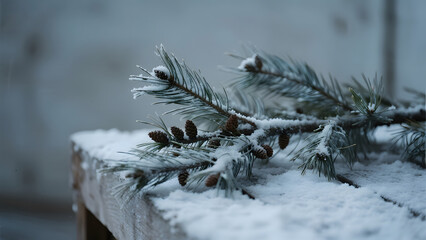 Wintry Pine Branches, Snowy Cones, Cold Weather, Winter Scenery, Nature Beauty, Seasonal Decor, Holiday Background