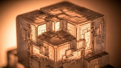 Intricate metallic cube with detailed geometric patterns and glowing inner light creating a complex abstract structure against a warm blurred background highlighting its futuristic design