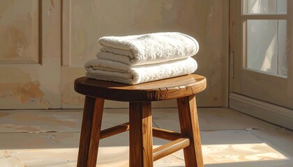 Stack of Clean White Towels on a Wooden Stool in Natural Light.