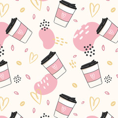 Coffee hand drawn doodle seamless pattern for packaging, textile, print. Modern doodle background with tea and coffee.