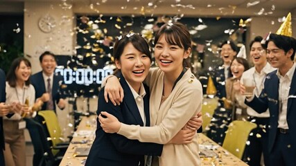 A joyful office celebration with confetti coworker and team mark succes party night indoor meeting room corporate event highlight teamwork, smiles, and milestone happy colleague celebrate asian