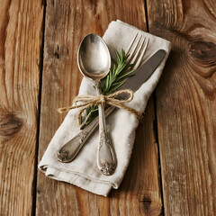 Rustic, Silverware, Linen, Napkin, Table, Setting, Decoration, Twine, Rosemary
