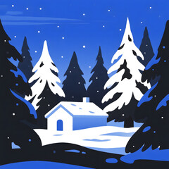 Winter Night, Snowy Landscape, Pine Trees, Cabin, Starry Sky, Vector Illustration, Seasonal Scene, Nature Art, Holiday Design