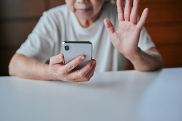スマホでビデオ通話するシニア女性