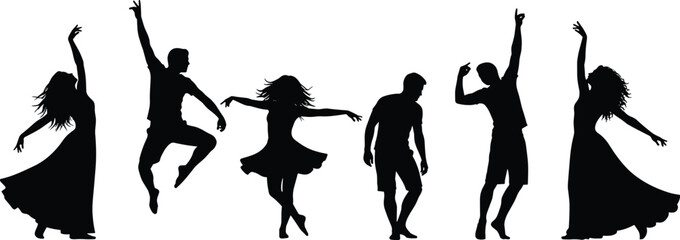 Title: Dynamic silhouettes of young men and women dancing freely, celebrating energy, joy, movement, and performance art, expressing vitality and happiness on a white background.