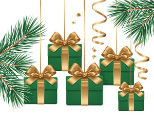 Green pine Christmas tree with red and gold ornaments, gift boxes, and celebration bows