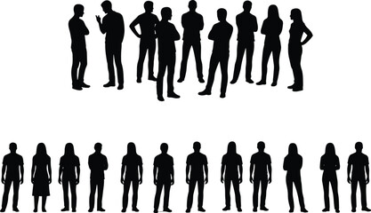 Silhouettes of diverse business people standing and communicating in professional groups, representing corporate teamwork, meetings, collaboration, and office staff on white background.