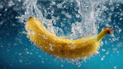 Banana and water, splashes, dynamic movement, blue background.