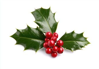 Holly Berries with Glossy Green Leaves on White Background for Christmas Decorations and Festive Designs