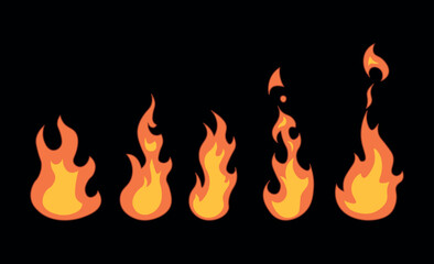 Fire animation. Set of orange fire flame. Collection of hot flaming element for game animation. Vector icons in cartoon style