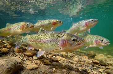 Photo of a group or school of rainbow trout swimming underwater in clear water, with rocks visible at the bottom.