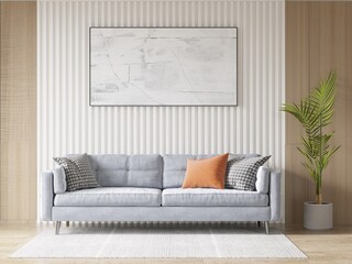 Modern living room with grey sofa, orange pillow, vertical white slats wall, wooden panels, palm plant and large horizontal art frame mockup, 3D rendering.