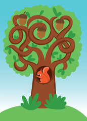 Children's game: Collect Acorn for the squirrel, Collect all the Acorn maze, Count the Acorn on the tree. Materials for children. Squirrel sitting in a hollow.
