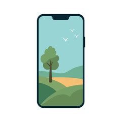Smartphone Screen with Abstract Hills, Tree and Birds
