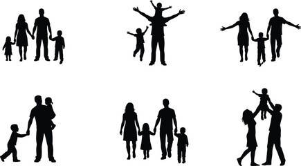 Title Happy loving family silhouettes standing and playing together, mother, father, daughter, son bonding, enjoying childhood, parenthood, unity, black and white vectors, memorable moments.