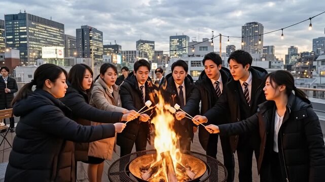 An urban rooftop business group around bonfire toasting marshmallow winter evening cityscape skyline with string light ambiance, young adult friends group team laughter rooftop deck urban asia ny