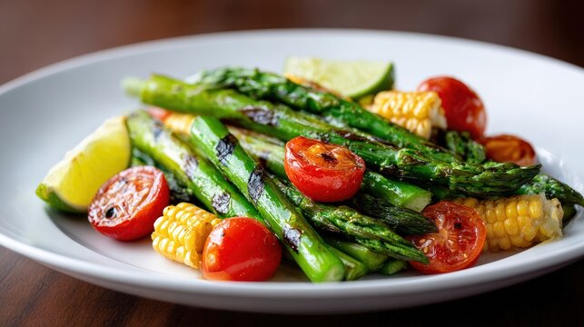 Grilled asparagus and corn with cherry tomatoes and lime wedges on a white plate, showcasing vibrant colors and fresh ingredients for healthy eating