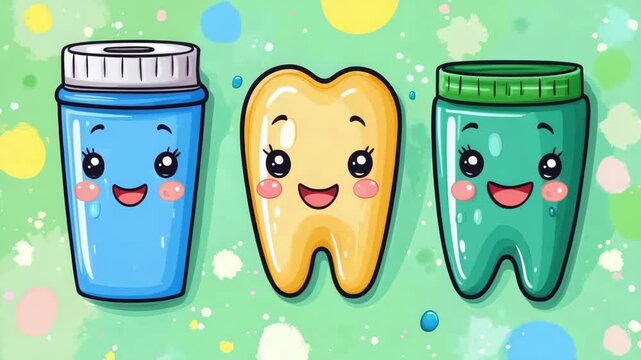Cute cartoon tooth and toothpaste characters with smiling faces on colorful background