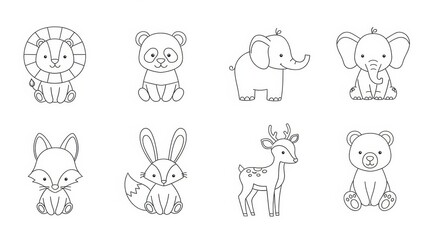 Fototapeta premium Collection of adorable animal illustrations in outline style suitable for children's coloring