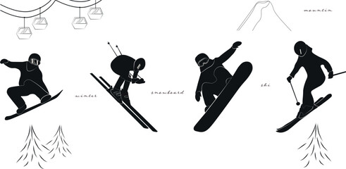skiers and snowboarders black and white illustration winter sport resort