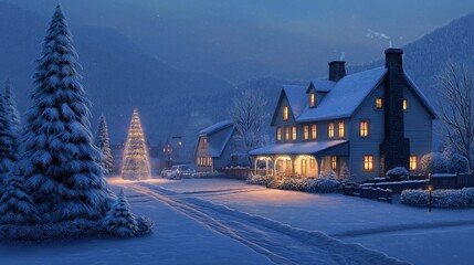 Christmas theme background, village in snowy night with Christmas tree light 