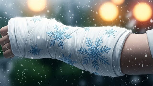 A childs arm in a white cast with blue snowflakes. Winter injury and holiday season. Medical care and recovery during Christmas. - Powered by Adobe