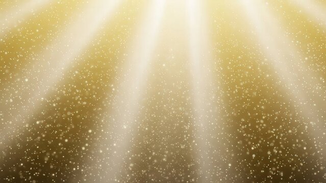 Golden glitter particles sparkling brightly with radiating light rays from above creating magical festive background for celebrations and events