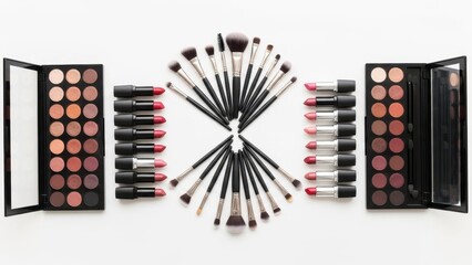 Arrangement of Makeup Essentials: Brushes, Palettes and Lipsticks on a White Background