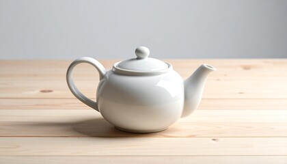 White Ceramic Teapot on Wooden Table.